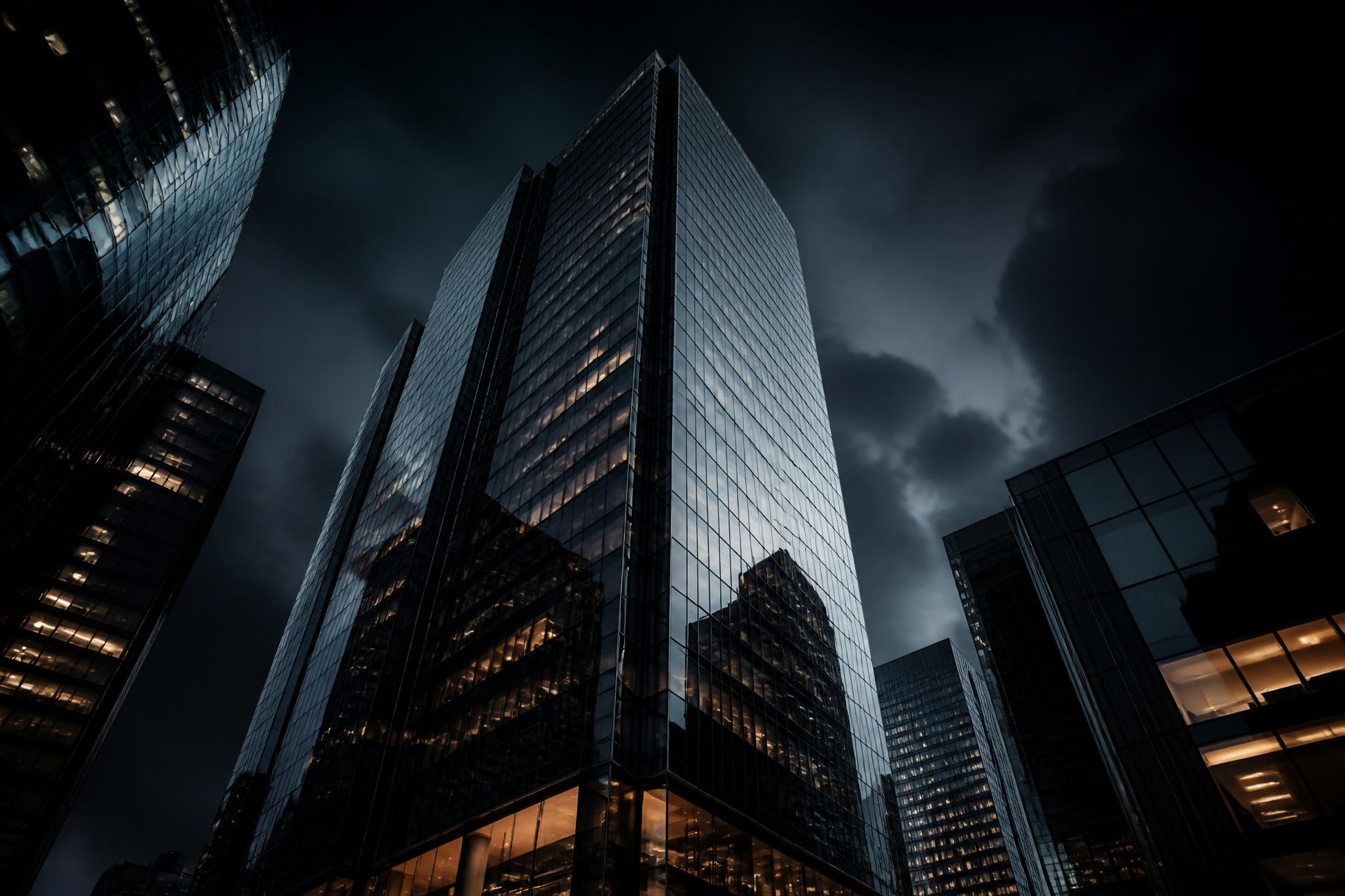 Distrito empresarial moderno ao anoitecer